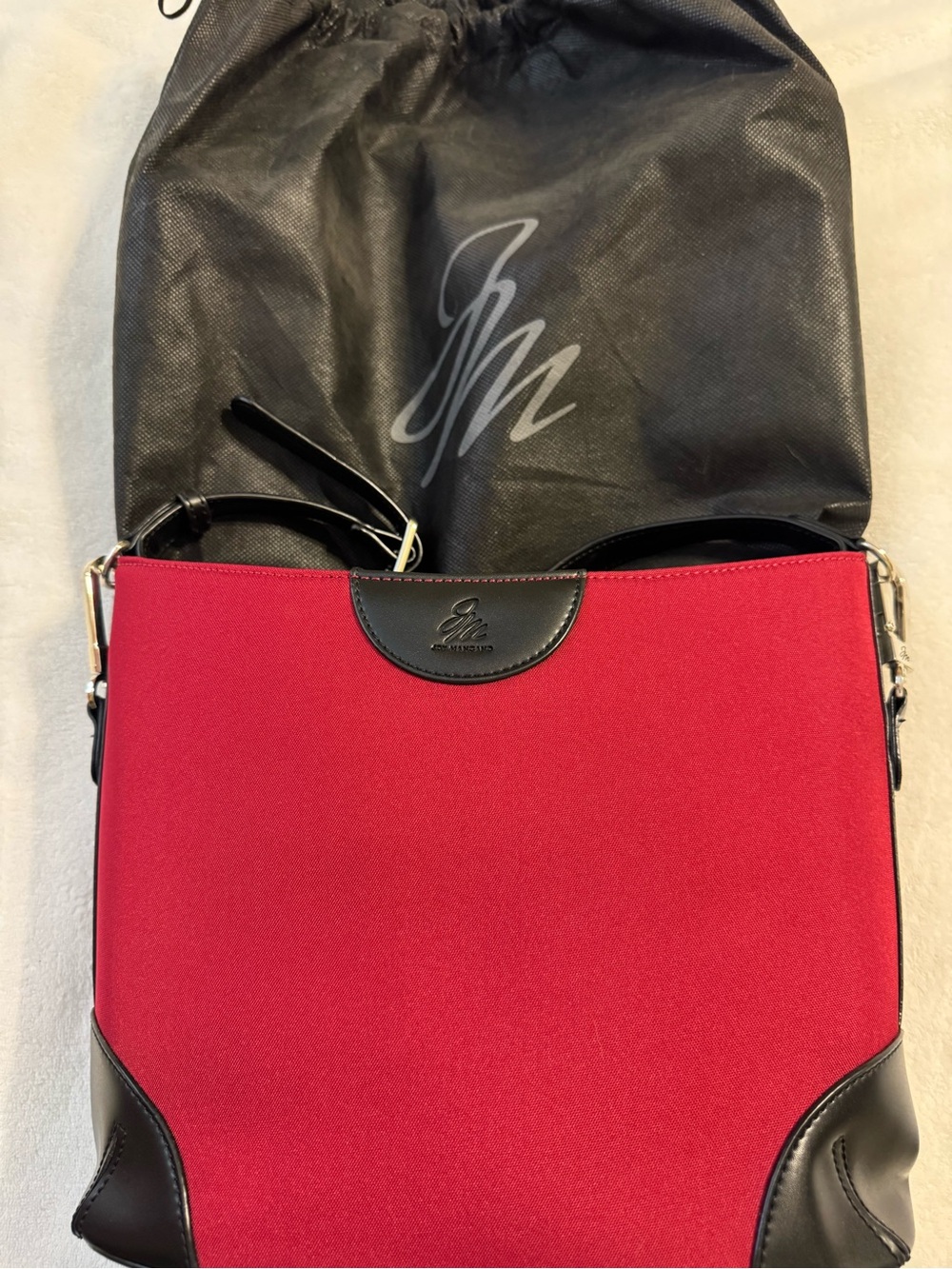 Joy Mangano Red Designer Drop Bag with Black Trim